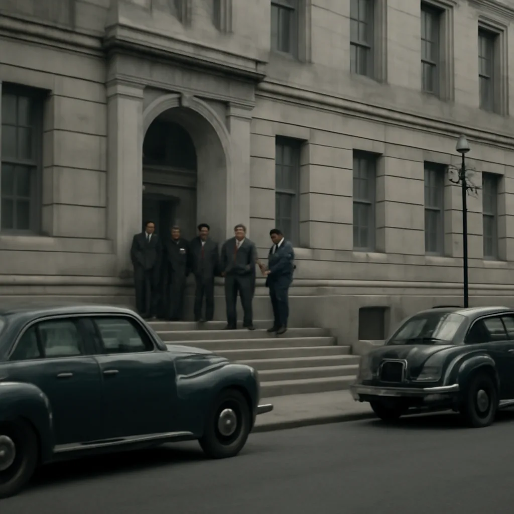Mid-1940s exterior of a federal building with uniformed officers and a small group of men in period civilian suits gathered outside; scene conveys an official wartime detention without identifiable faces.