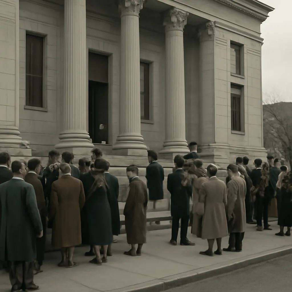 Crowd outside a 1940s municipal courthouse with men in wartime-era civilian clothing and federal officers; papers and placards visible but faces not identifiable.