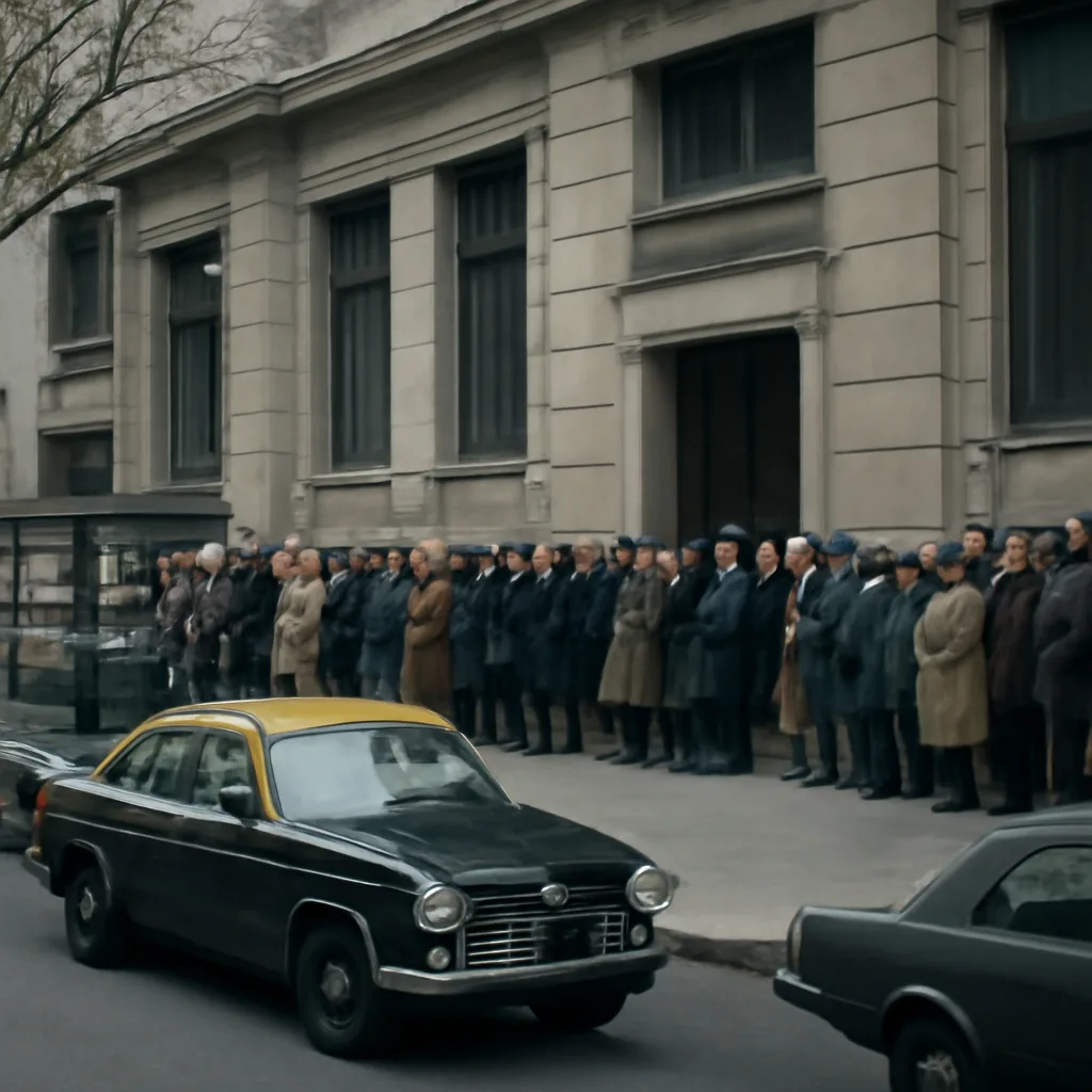 Crowd outside a bank in Buenos Aires in late 2001, with people queuing and police presence; signs of unrest and long lines of depositors visible.