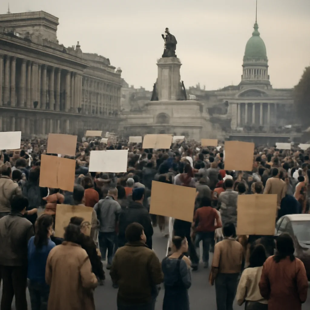 Crowd outside government buildings in Buenos Aires in 1983, with protesters, banners and military vehicles present, indicating a tense transition from military rule to civilian authority.