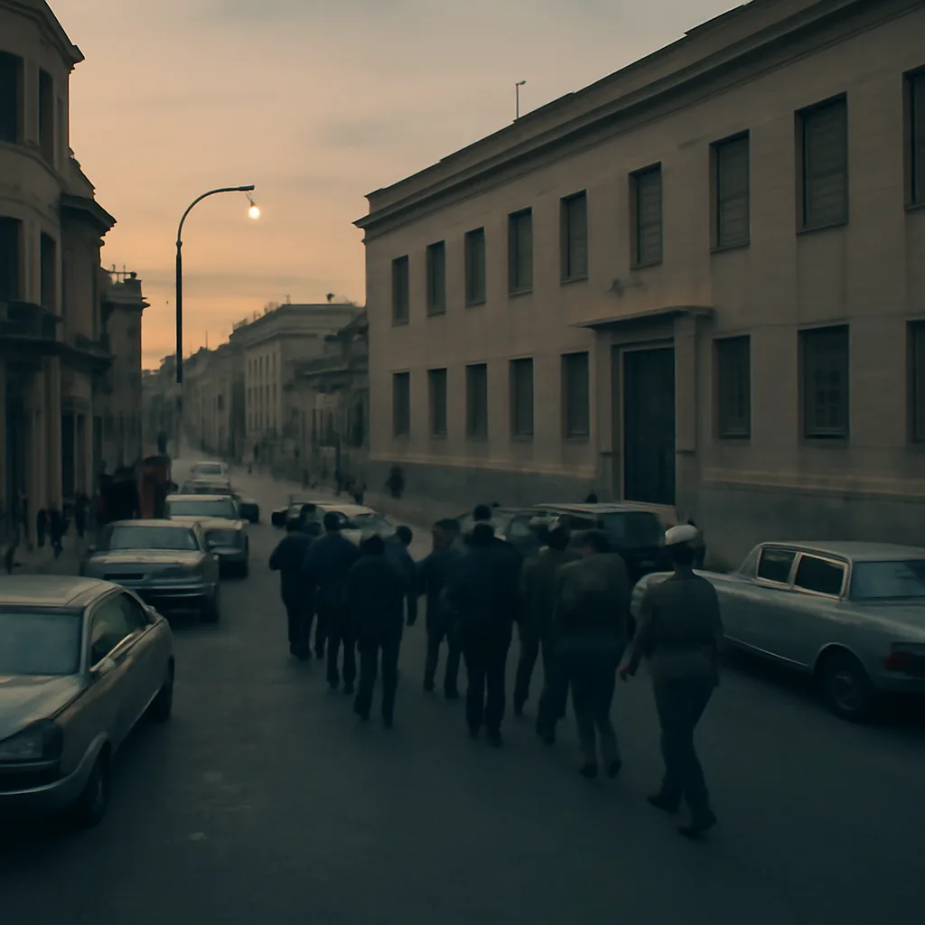Agents of Argentina's military regime escorting detained individuals near a nondescript building in 1970s Buenos Aires; bystanders and police vehicles nearby, period clothing.