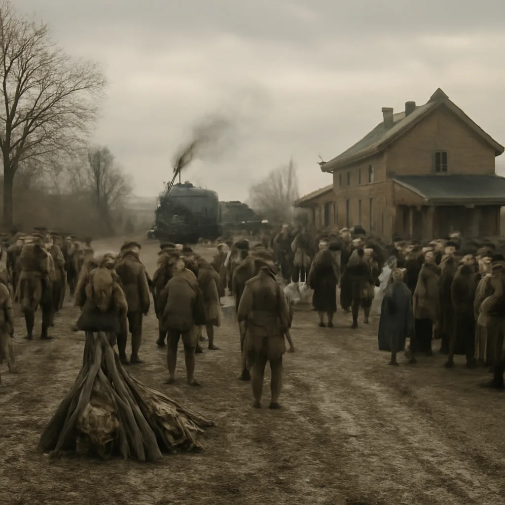 Soldiers and civilians near a field railway station in northern France shortly after the November 11, 1918 armistice, with troops lining the platform, stacked rifles and equipment, and banners or signs of relief being displayed.