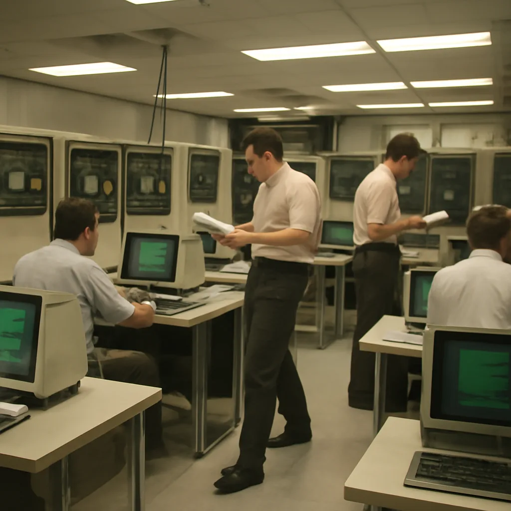 A 1980s-era university computer room with mainframe cabinets, CRT terminals, and engineers examining paper printouts—no identifiable faces.