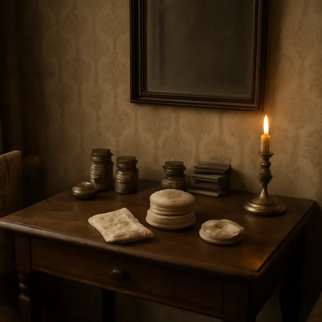 19th-century dressing table with powdered face sachets, glass jars, brushes and a porcelain powder box on a wooden vanity—period clothing and furnishings visible, no identifiable faces.