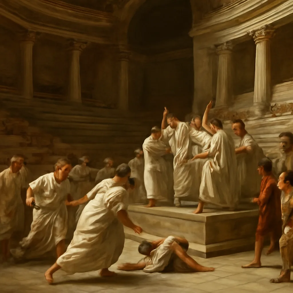 A wide scene of the interior of the Theatre of Pompey in Rome during daylight, with a group of toga-clad senators clustered in violent action near a raised platform; onlookers and attendants recoil, architecture shows Roman columns and stone benches.