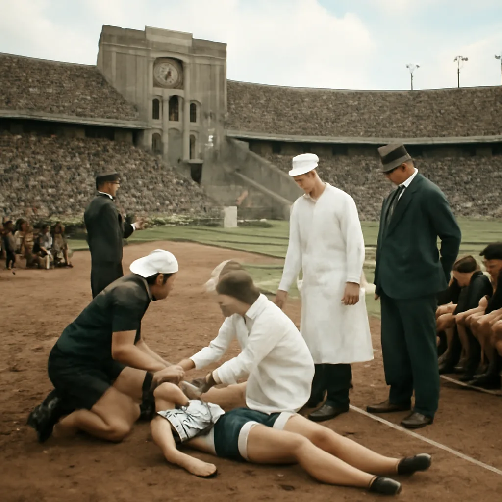 1930s Olympic track stadium with medical staff attending a collapsed female athlete on the sidelines, teammates nearby, and spectators in period dress.