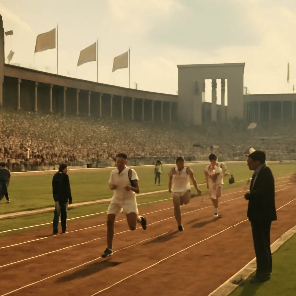 1936 Olympic stadium scene with athletes and officials on a sunlit field; crowd in period dress in stands and banners consistent with 1930s Germany.
