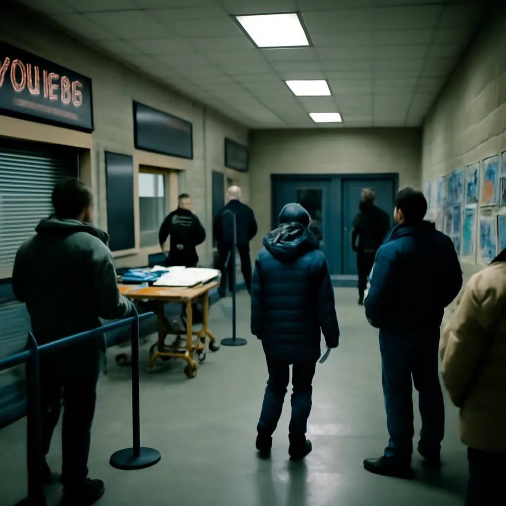Ice rink hallway outside a practice session at a 1990s competition venue, with security ropes, a medical stretcher in the distance, and a few indistinct figures clustered near an arena entrance.