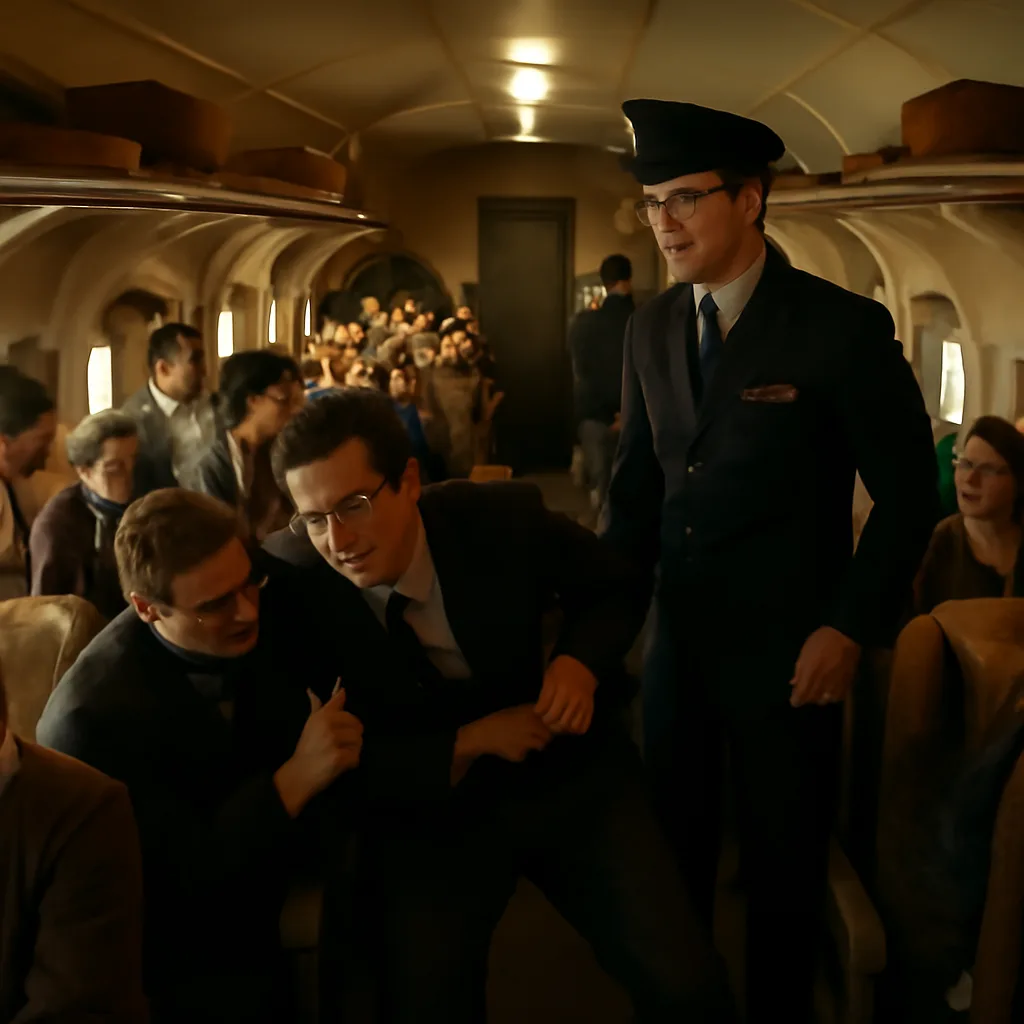 Late 1940s interior of a commercial airliner cabin with passengers and flight attendants in period clothing, showing a restrained passenger on the aisle floor and crew nearby.