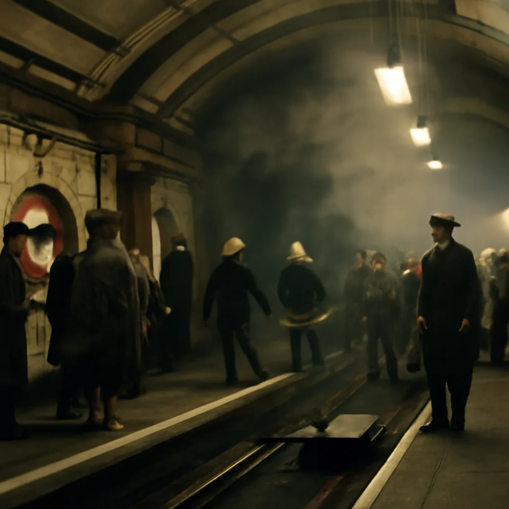 Underground station platform and tunnel entrance in 1980s London, showing smoke-stained walls and emergency responders; passengers evacuated onto the platform.