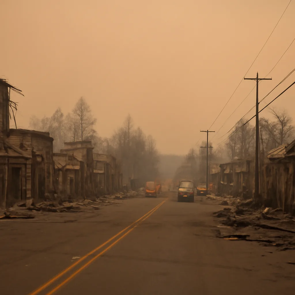 A burned main street of a small Northern California town showing charred building facades, collapsed roofs, ash-covered vehicles and emergency personnel working amid smoke haze.