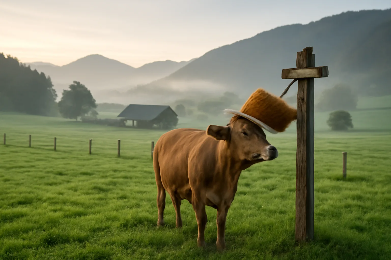 Brown cow scratching itself with a brush mounted on a wooden post on a green farm