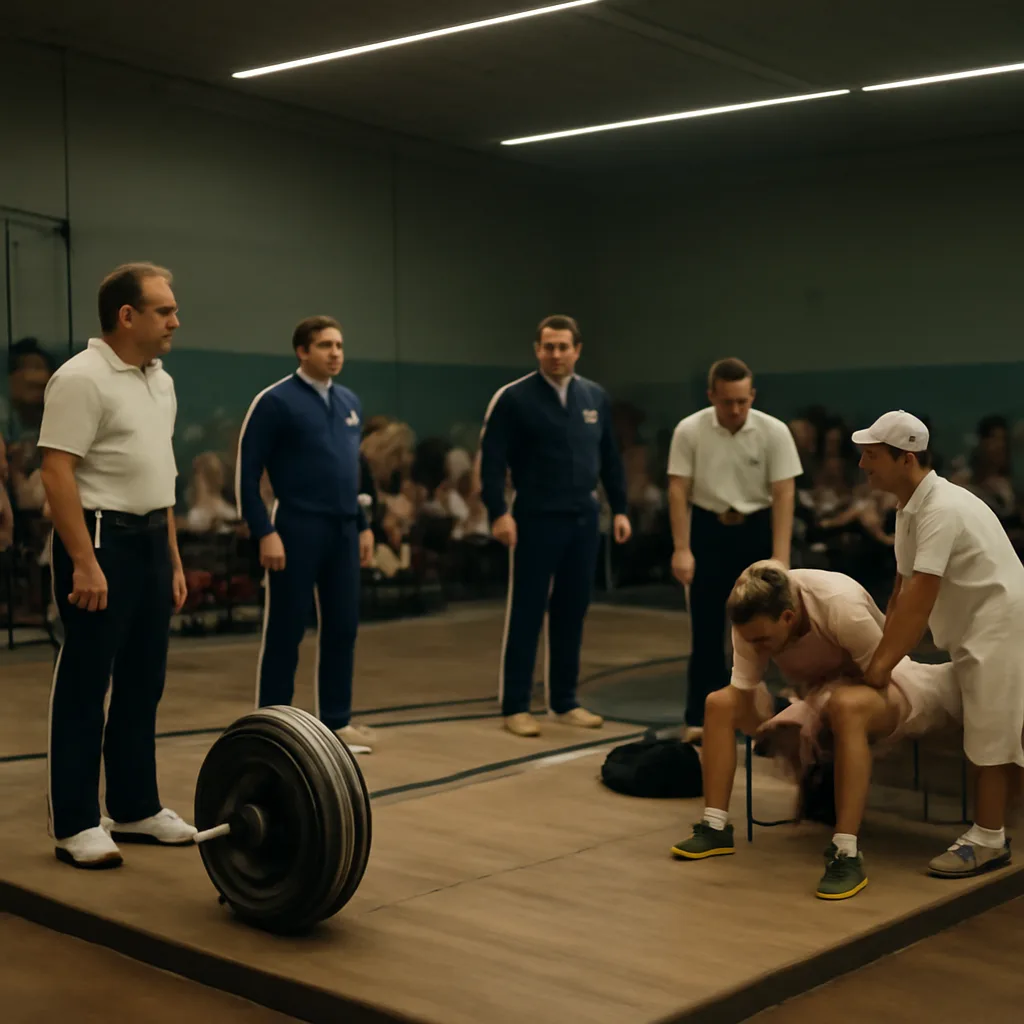 Indoor weightlifting platform in the early 1970s, with a heavy barbell on the floor, officials and spotters clustered nearby, and an ambulance stretcher visible at the edge of the competition area.