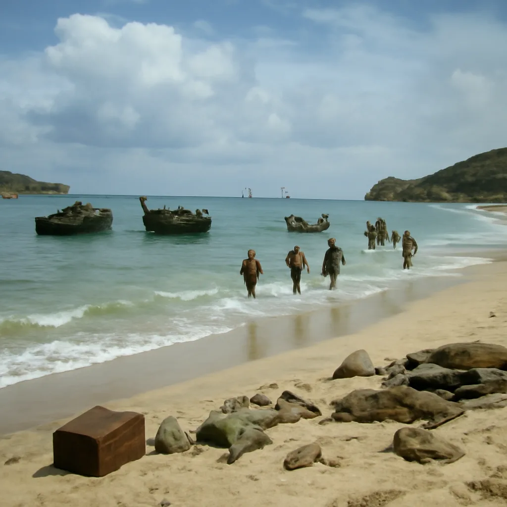 Boats and landing craft approaching a Cuban beach at the Bay of Pigs in 1961, with low hills and rough surf; no identifiable faces visible.