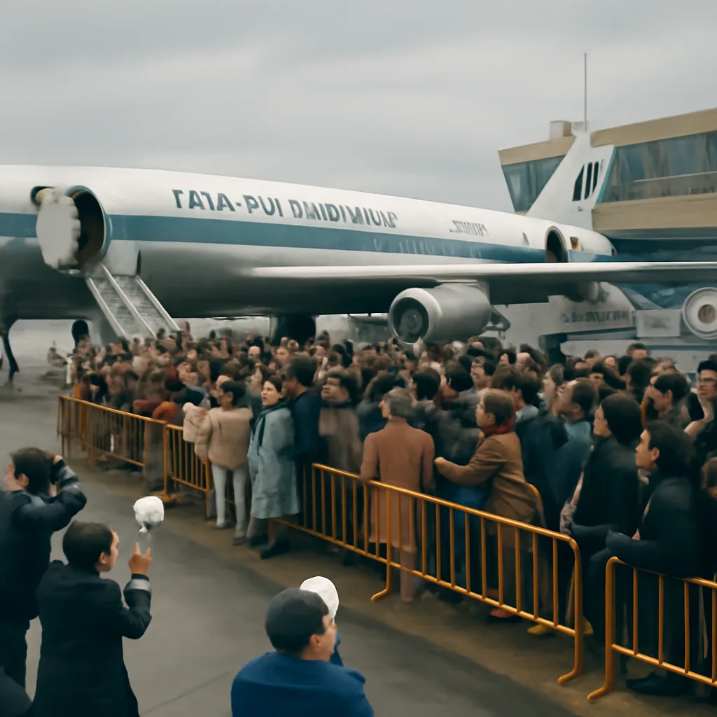 Crowds of fans and journalists gathered at a 1960s airport terminal as a chartered jet awaits; visible signs of public excitement with police nearby to manage the crowd.