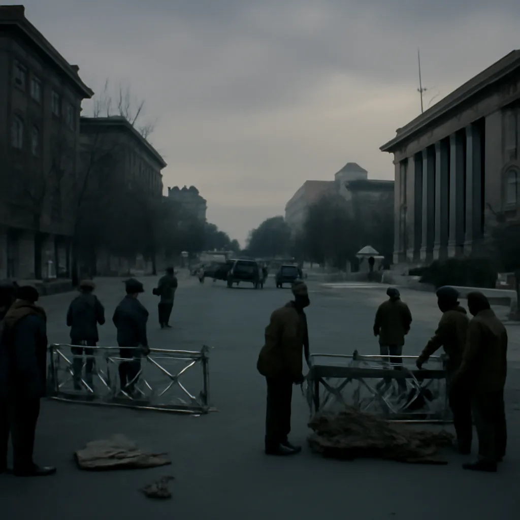 Late 1980s Beijing street with uniformed security personnel, closed university buildings, and students dispersed; vehicles and barricades visible, no identifiable faces.