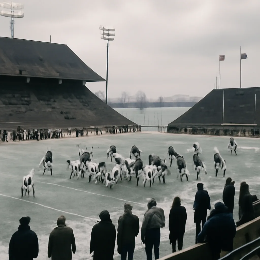 Players and officials on a snow-dusted Riverfront Stadium field in severe cold, bundled in heavy coats; sparse crowd in winter clothing and visible breath in the air.
