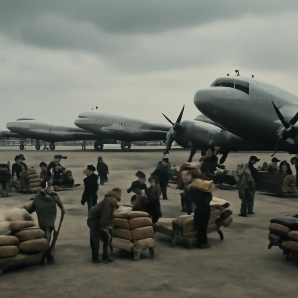 Allied transport aircraft lined up on a wartime airfield in West Berlin with crates and coal being loaded for supply flights during the 1948–49 airlift.