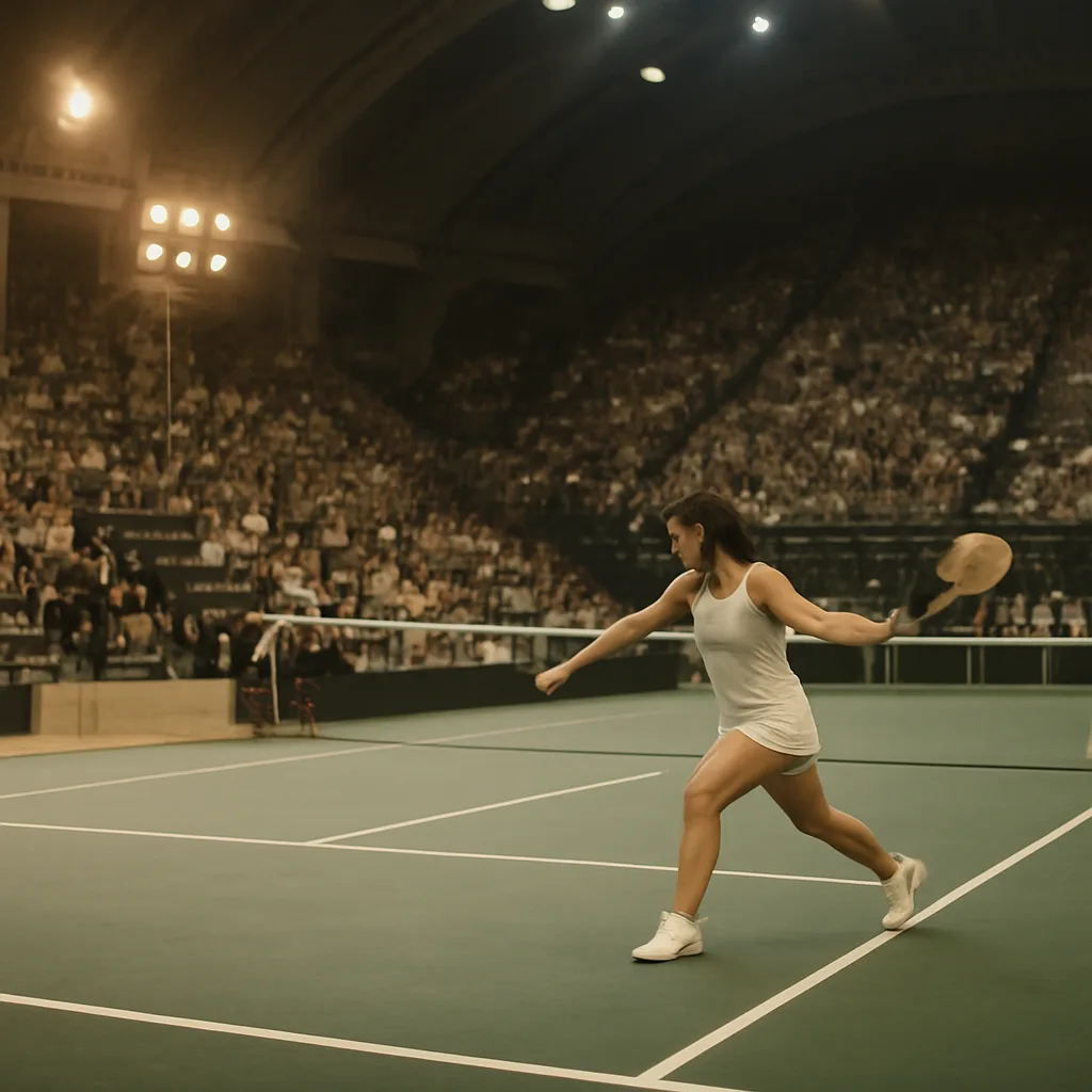 Billie Jean King playing a forehand on an indoor tennis court at the 1973 Houston Astrodome; crowd and stadium seating visible in the background.