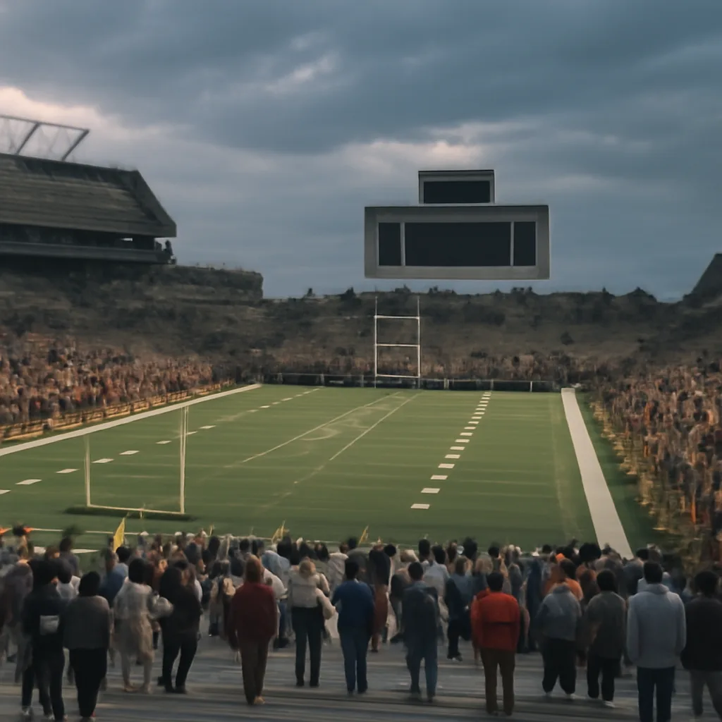Tampa Stadium field at dusk on January 27, 1991, showing goalposts and a stadium scoreboard; scene evokes the aftermath of Super Bowl XXV without identifiable players.