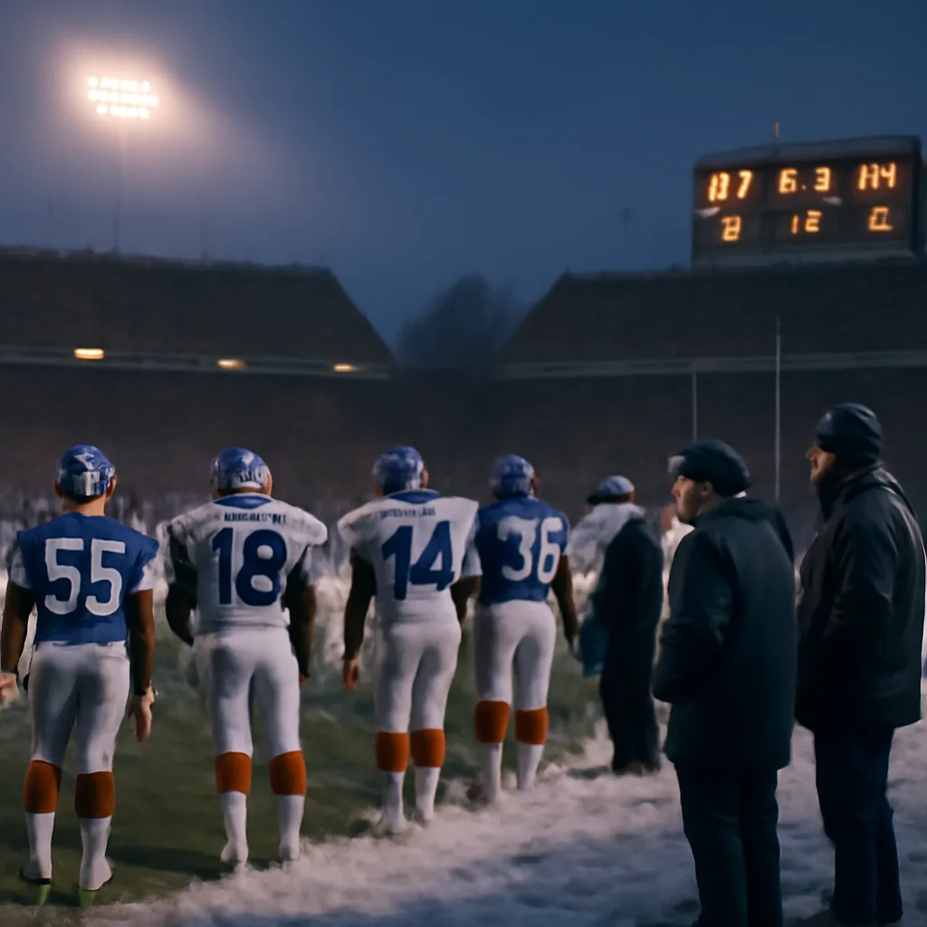 A late-1990s era football stadium scene showing Buffalo Bills players and coaches on the sideline during a snowy evening game, crowds in bundled winter clothing, and a scoreboard displaying a close score and overtime indicator.