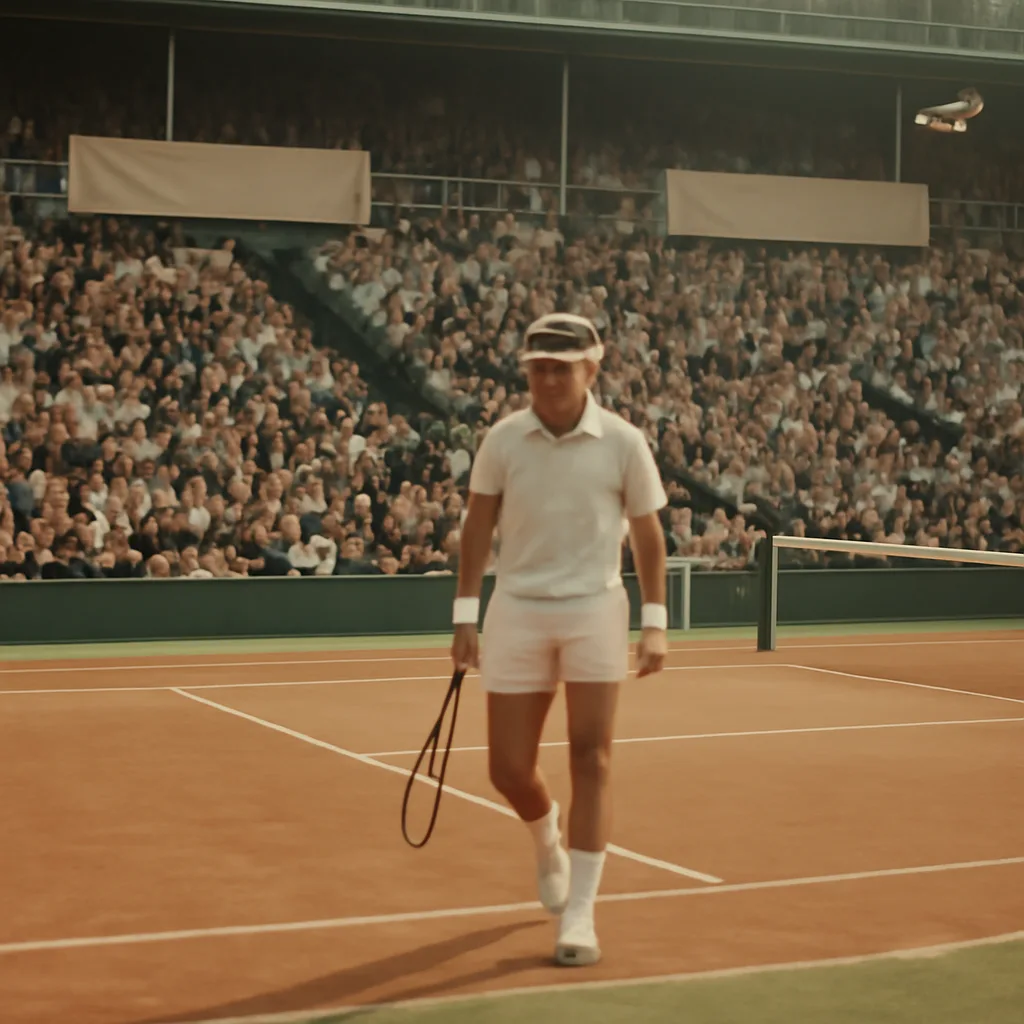 Björn Borg walking onto a tennis court in period-appropriate 1970s/early-1980s tennis attire, carrying a wooden racket; stadium seating and spectators in vintage clothing are visible in the background.