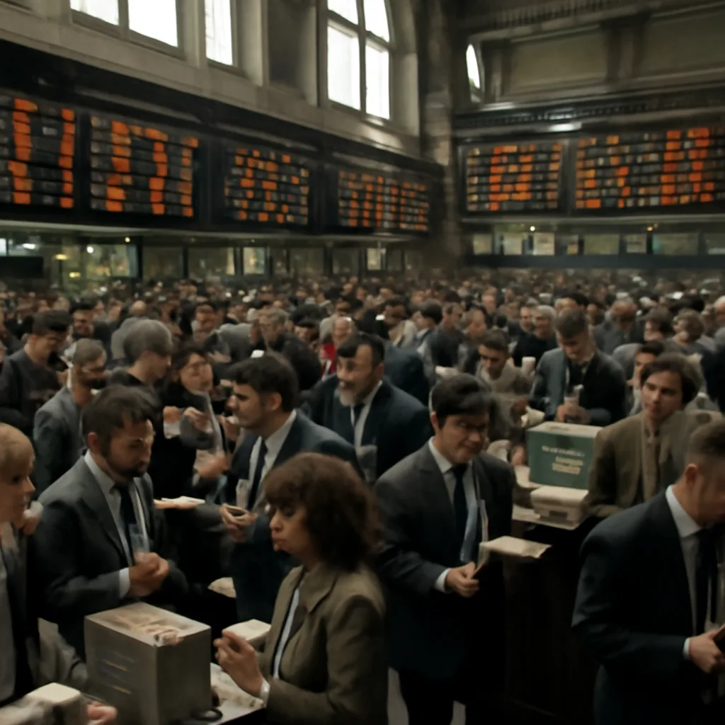 Crowded trading floor of the New York Stock Exchange in the 1980s showing traders at terminals and paper printouts during a market decline.