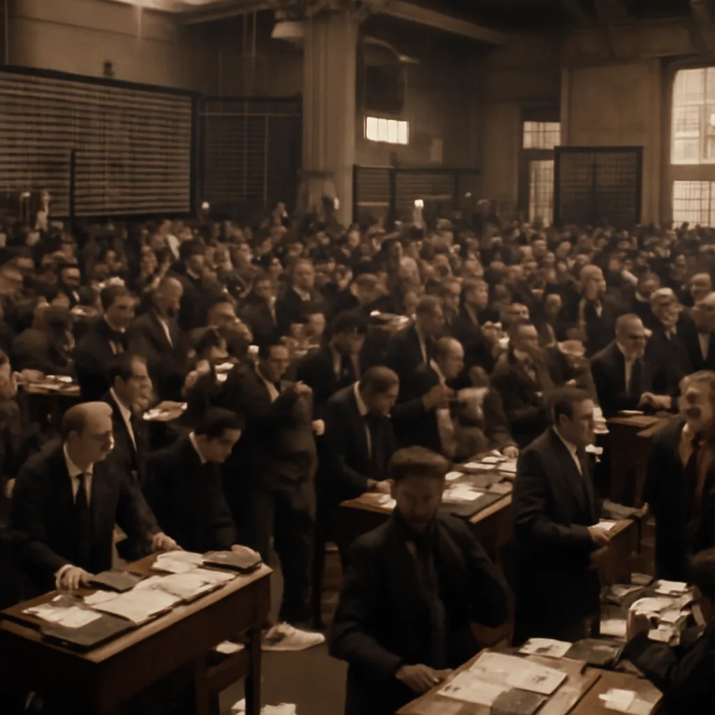 Crowd and brokers on the trading floor of the New York Stock Exchange in the late 1920s, showing busy activity and paper records amid a 1920s office interior.