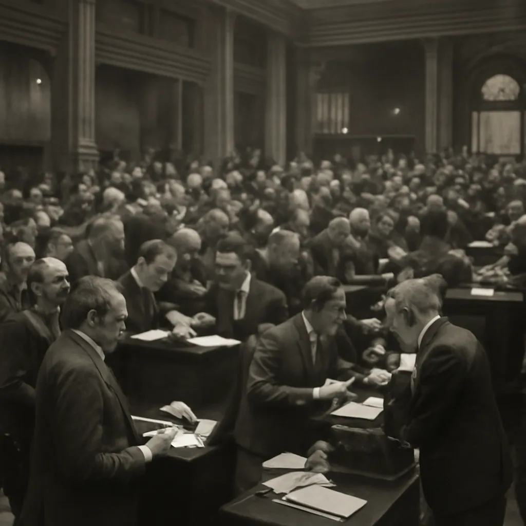 Crowded trading floor of the New York Stock Exchange in 1929 with brokers clustered around tickertape machines and brokerage posts amid tense activity.