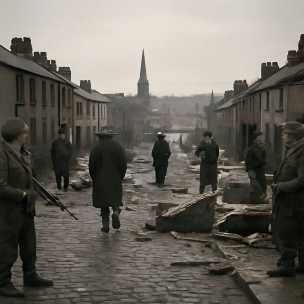Wide street scene in Derry's Bogside, January 1972: rubble-strewn roads, groups of civilians in period clothing, and British soldiers in combat uniforms with helmets and rifles; smoke or haze in the background and makeshift barricades visible.