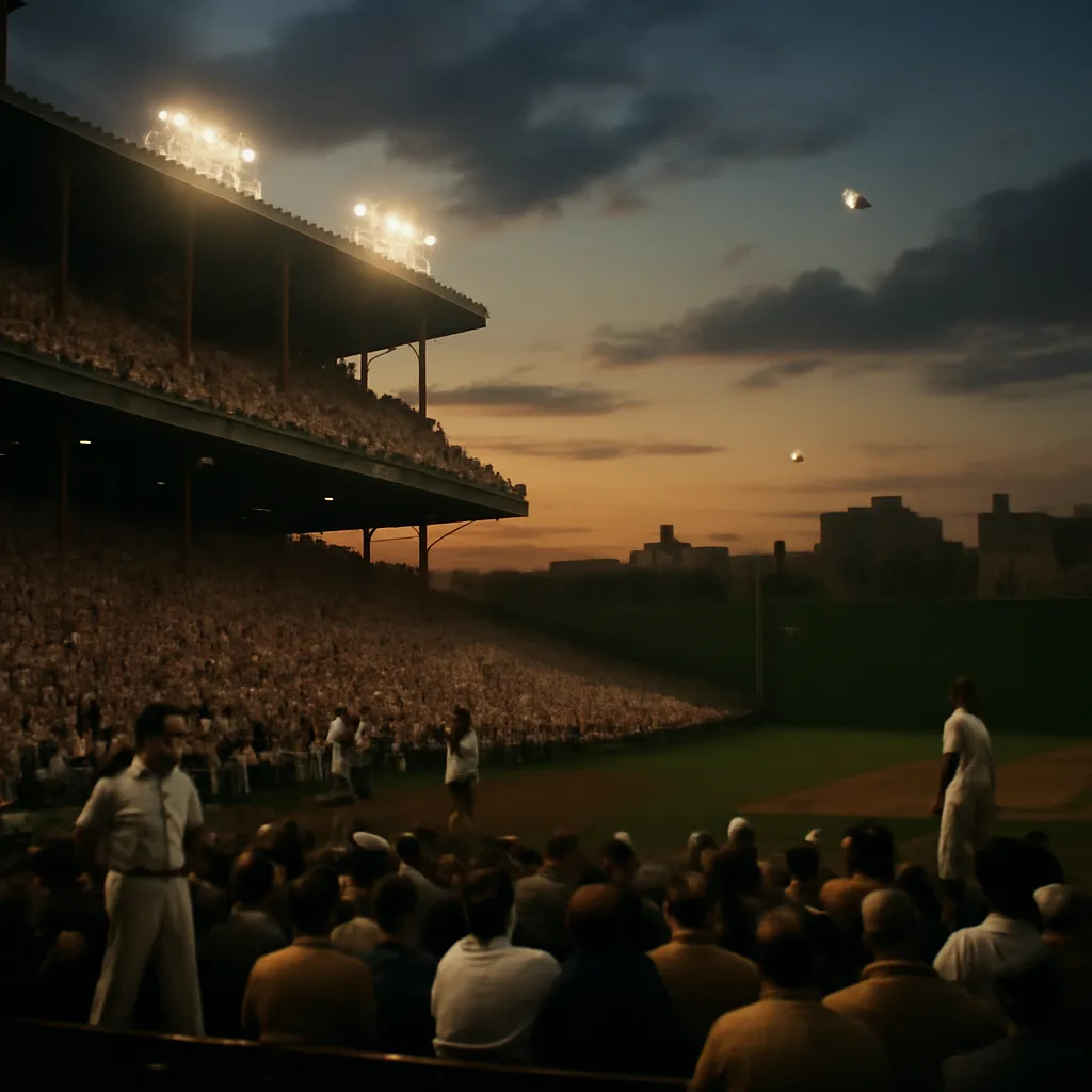 Polo Grounds stadium interior in 1950s-era style with packed stands and a baseball in flight toward left field; period-appropriate uniforms and advertising visible but no identifiable player faces.