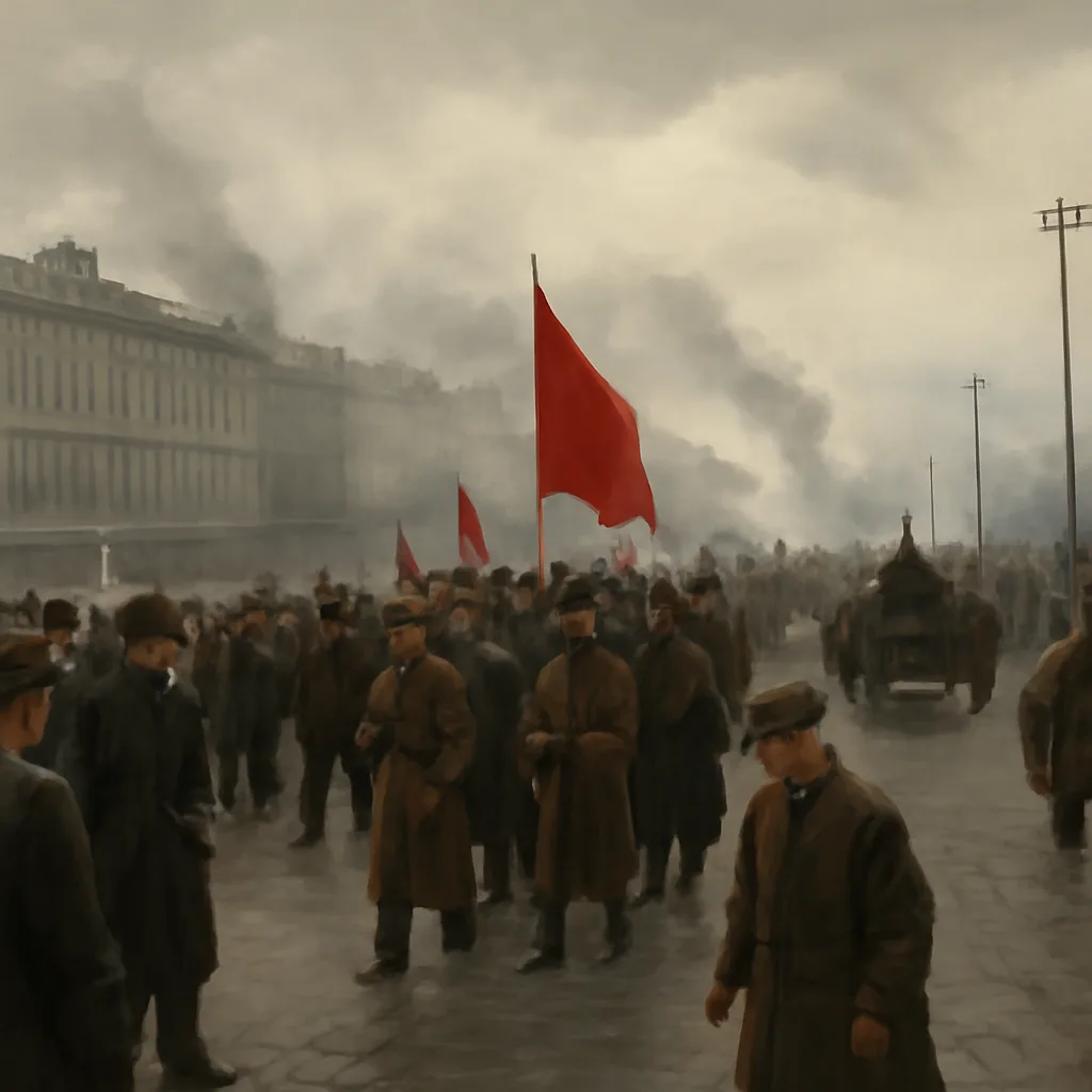 Crowds, armed sailors, and Red Guard detachments outside the Winter Palace and surrounding streets in Petrograd during the Bolshevik seizure of power, November 1917.