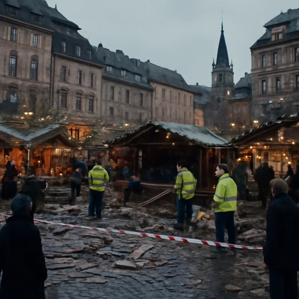A crowded European outdoor Christmas market with damaged stalls, emergency responders and cordoned-off area where an explosion occurred; bystanders and police nearby.
