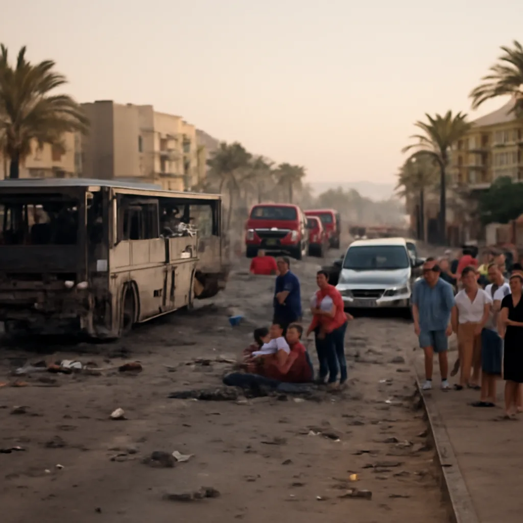 Damaged tourist buses and emergency responders on a street in Taba, Egypt, after a roadside bombing; visible debris and bystanders being assisted.