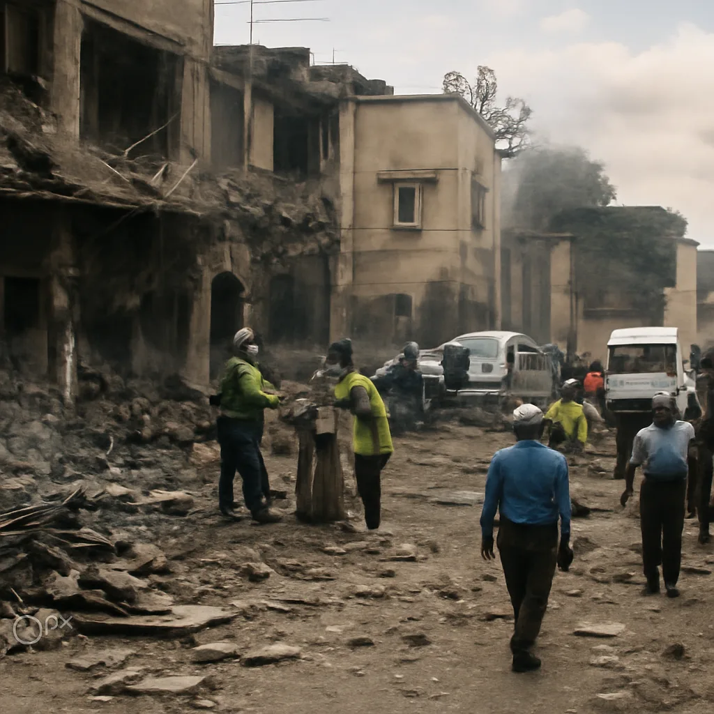 Rubble and damaged buildings near the site of the U.S. embassy after a massive truck-bomb explosion in a busy urban district, with emergency responders and damaged civilian structures visible.