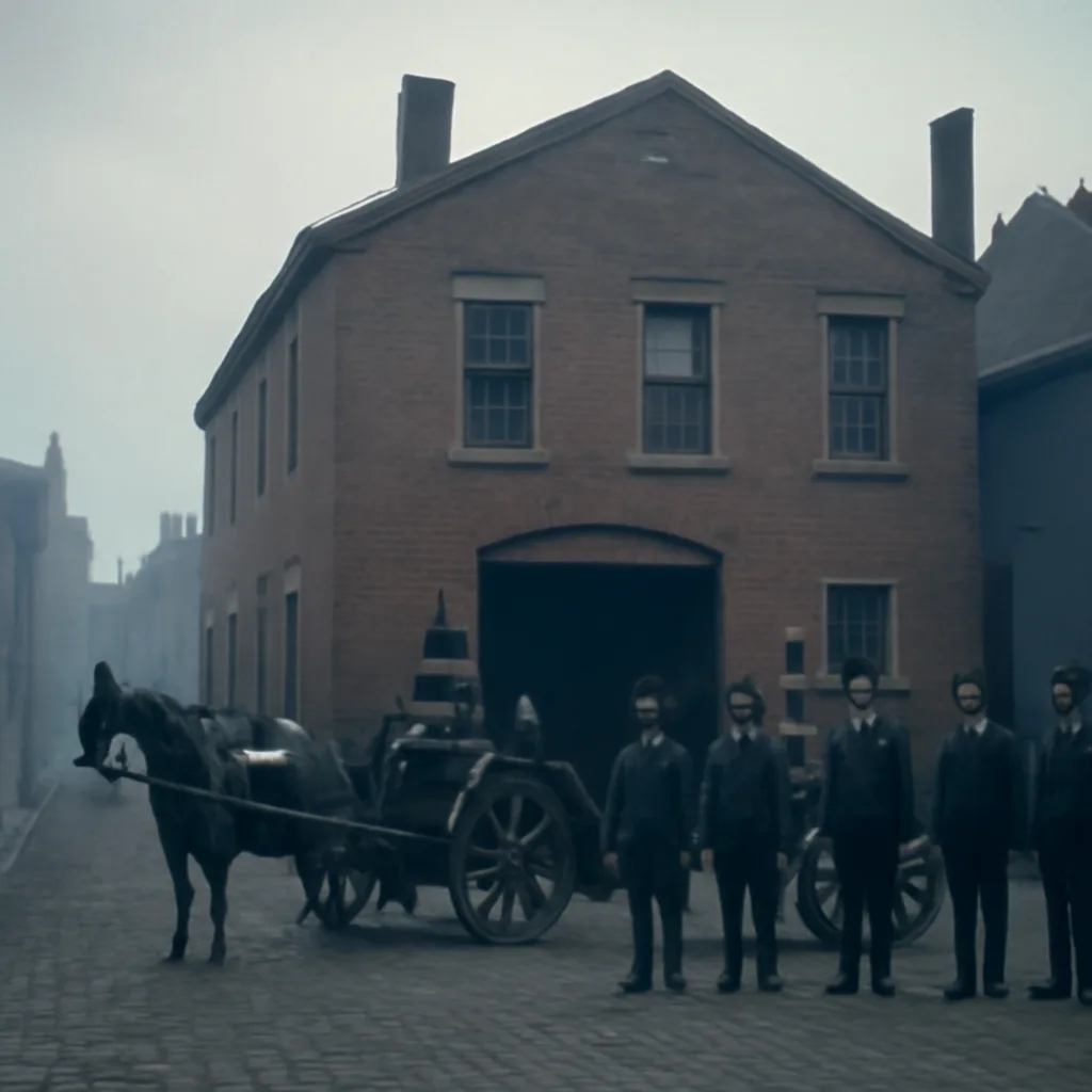 Mid-19th-century Boston street scene showing a horse-drawn steam fire engine and uniformed firefighters gathered outside a brick firehouse, with period buildings and gas street lamps visible.