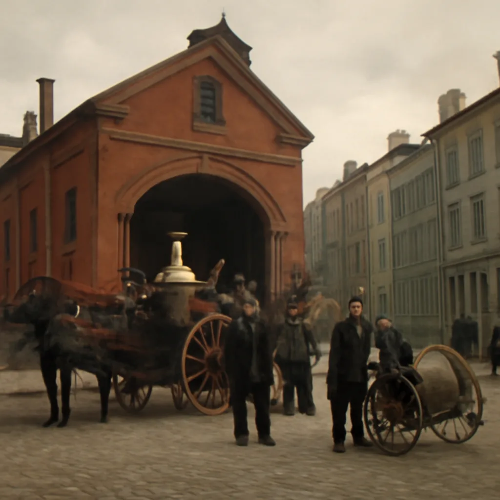 Mid-19th-century Boston street scene showing horse-drawn steam fire engine and uniformed firefighters assembling outside a brick engine house, with wooden rowhouses and gas street lamps in the background.