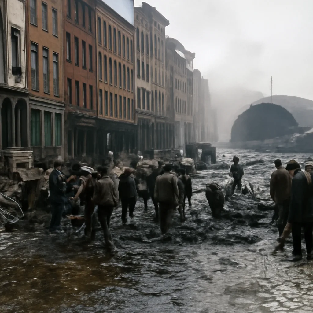 Early 20th-century Boston street scene in the North End with buildings, horse-drawn carts and workers amid cleanup operations and sticky residue from a ruptured large cylindrical molasses tank nearby.