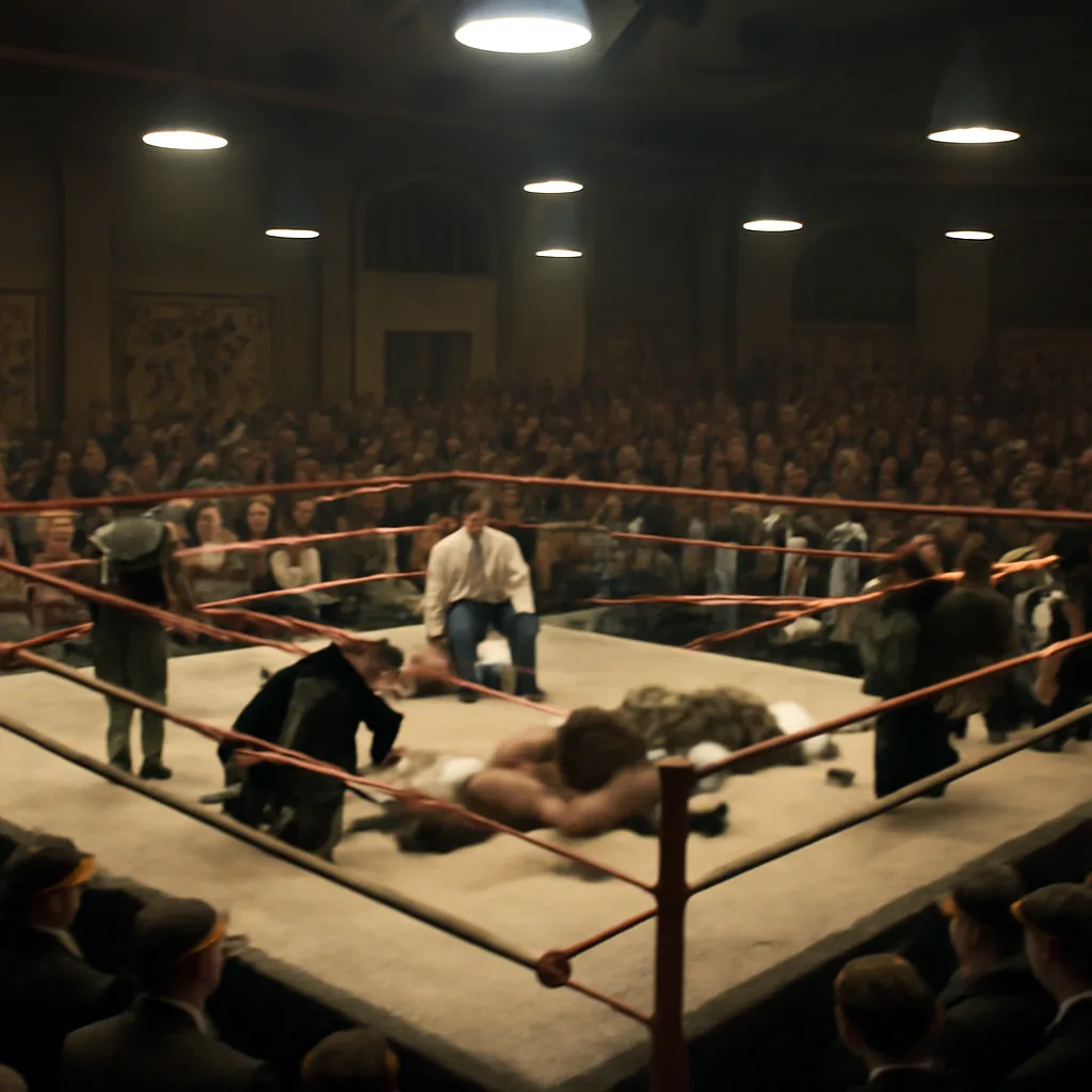 1940s-era boxing ring crowded with corners and officials around two motionless fighters on the canvas, spectators in period clothing watching from ringside.