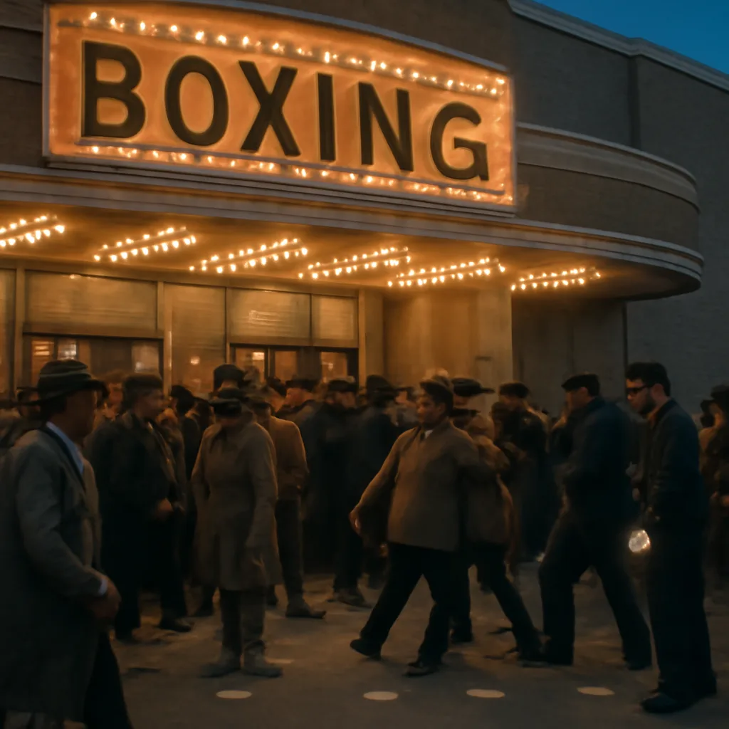 Crowd exiting an indoor boxing arena at night in 1970s attire, with uniformed police officers nearby and a small scuffle near an exit.