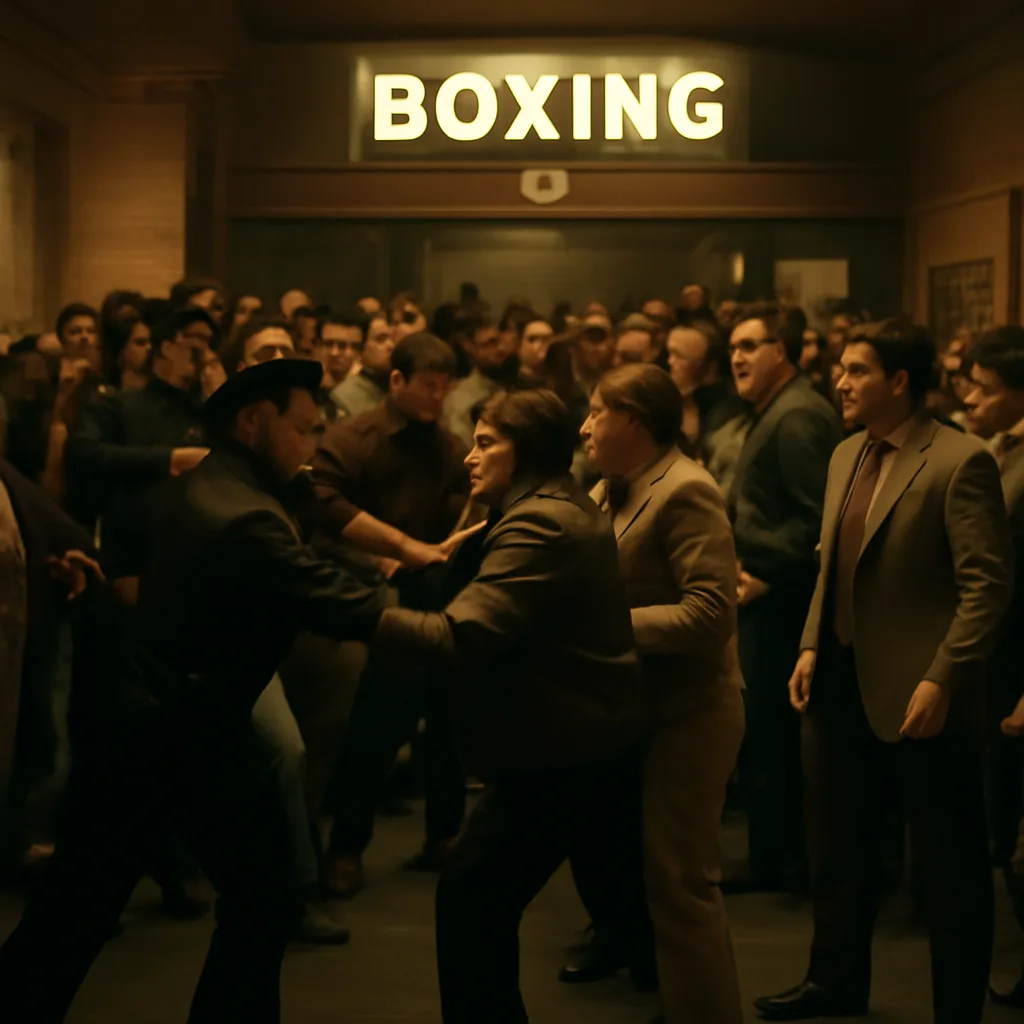1970s boxing arena corridor with uniformed police officers and event staff near an exit; crowd in the background, no identifiable faces.