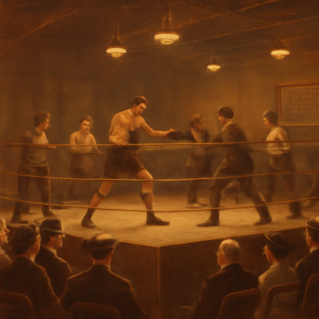 Early 20th-century indoor boxing ring with a boxer sparring brief opponents before a seated crowd in period dress; gas or early electric lighting, wooden floor, and banners around the ring.