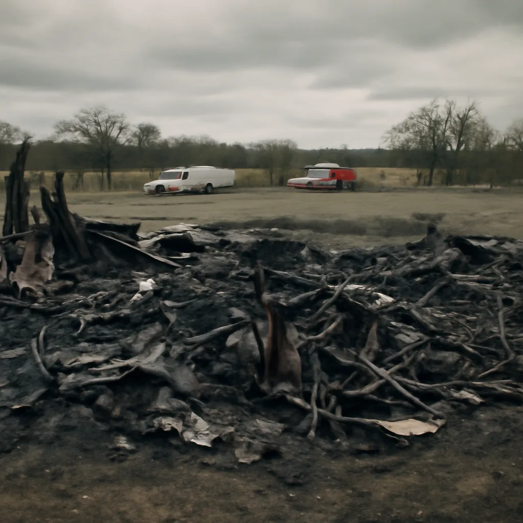 The charred remains of the Branch Davidian Mount Carmel compound near Waco, Texas, showing collapsed, burned structures and scorched earth after the April 19, 1993 fire.