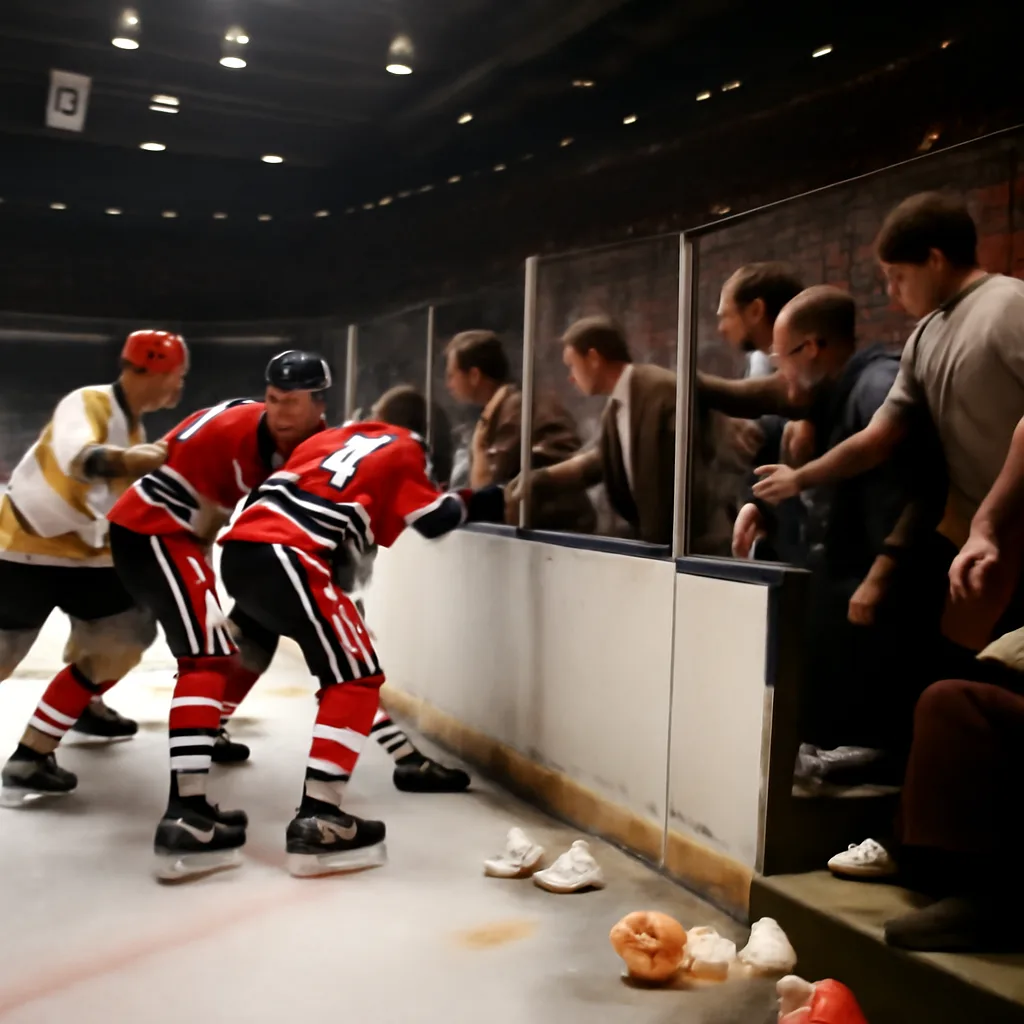 A crowded indoor hockey arena in the early 1970s showing players and team staff near the glass with fans in the front row; scene conveys confrontation and disorder without identifying individuals.
