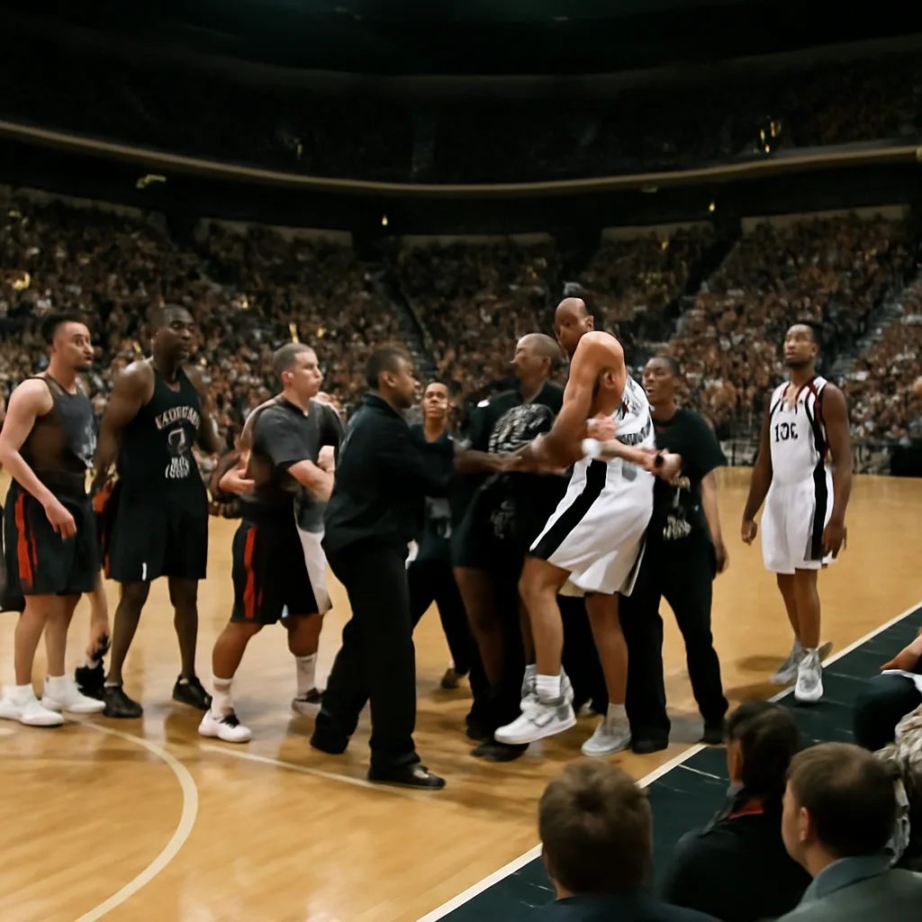 Arena interior at The Palace of Auburn Hills during an NBA game, showing court, benches, and crowd; scene suggesting tension near the sideline where fans and players confronted each other.