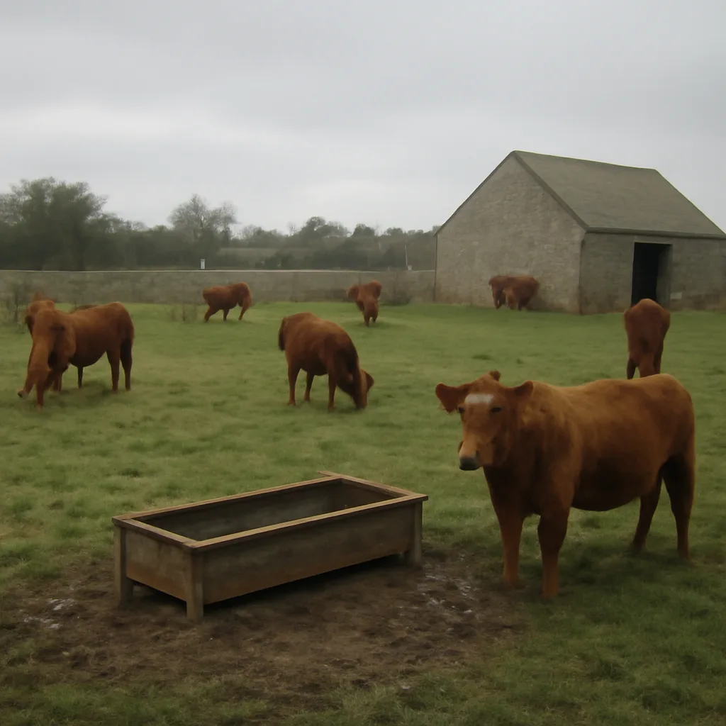 A British farmyard in the mid-1980s showing cattle in a paddock with a stone barn and feed troughs; overcast sky, no identifiable individuals.