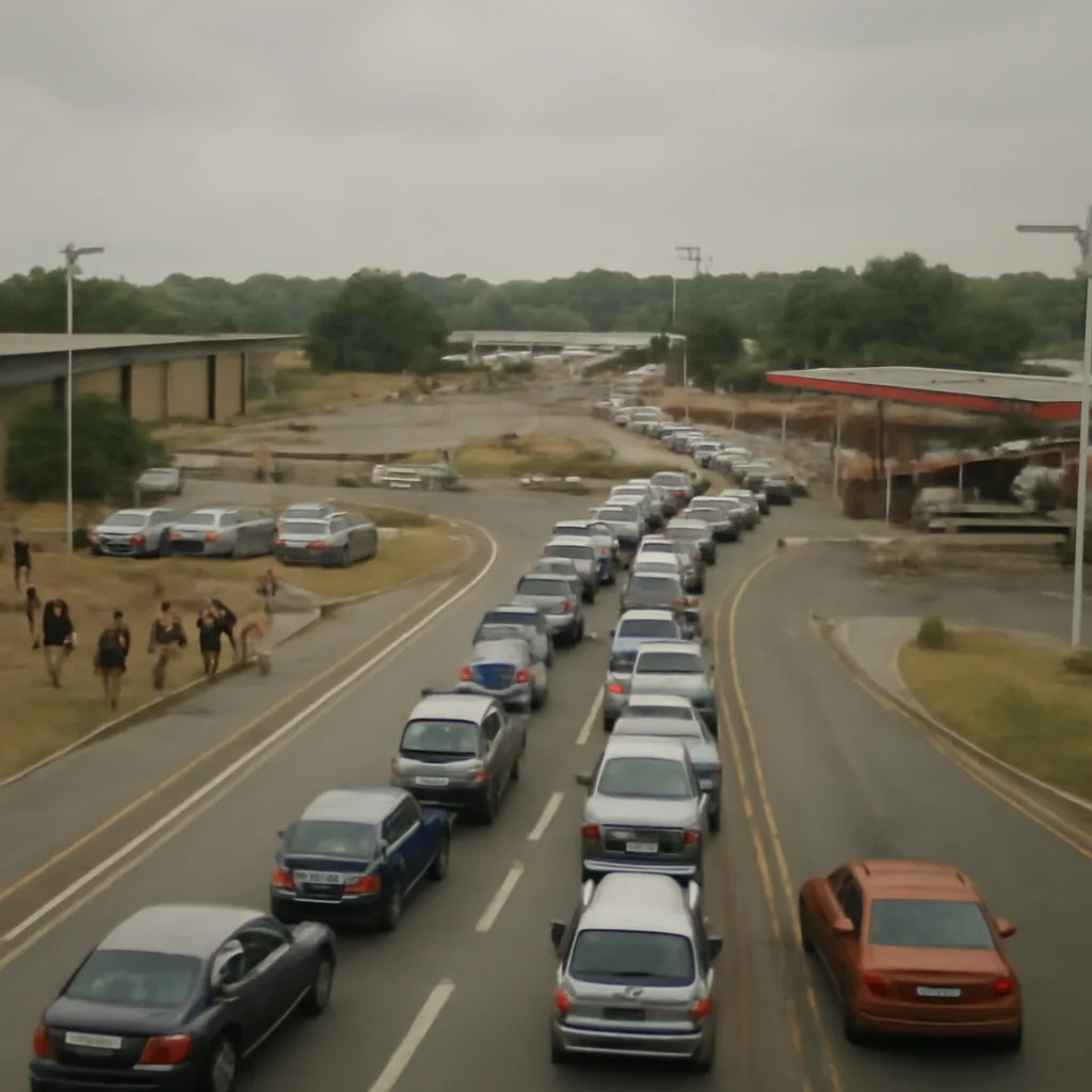 Long line of cars queuing at a closed petrol forecourt near a motorway junction with protesters and police vehicles visible in the distance.