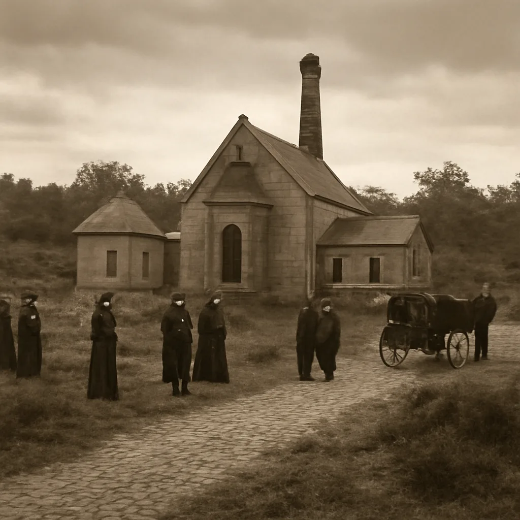 A late 19th‑century crematorium building set on Woking Common with modest Victorian architectural features and surrounding heathland; people in period clothing keep distance.