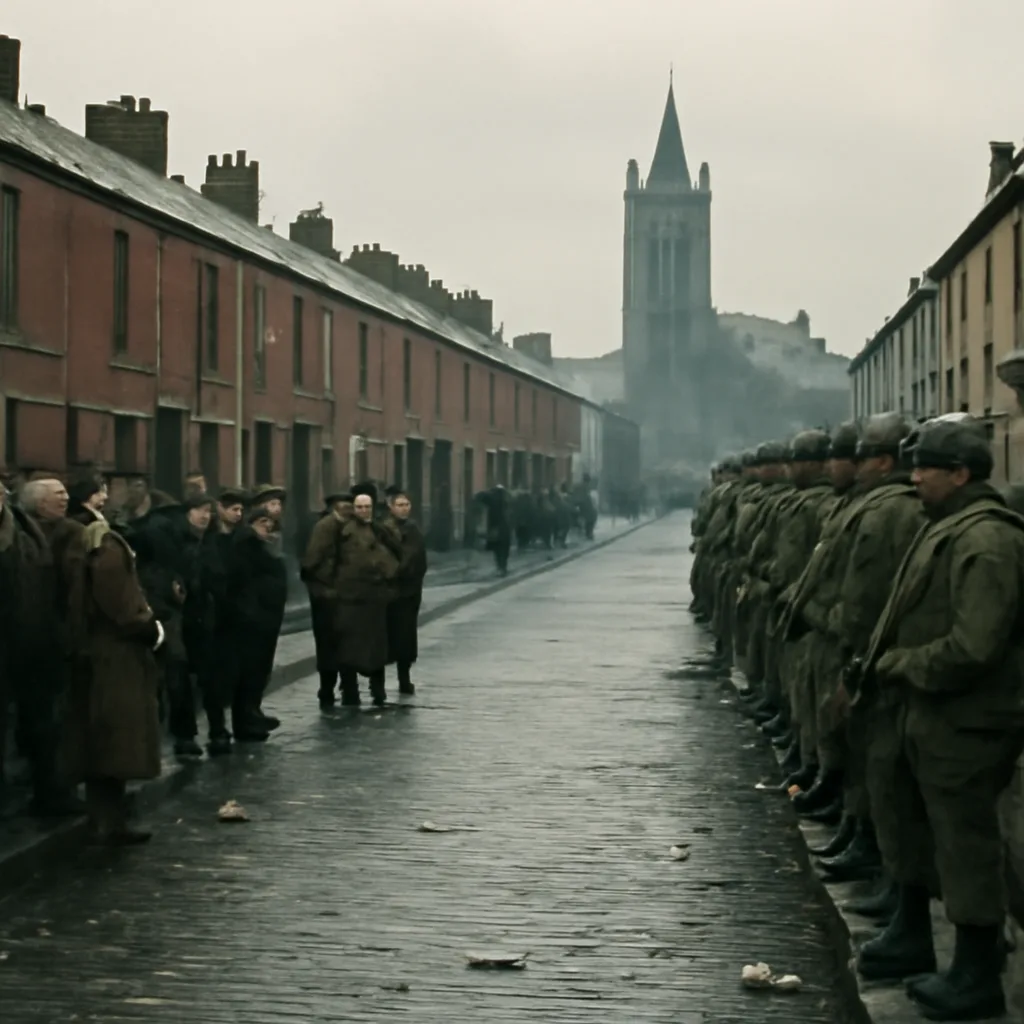 Crowded urban street in the Bogside, Derry, 1972: people in coats and flat caps on a grey day, debris in the street and soldiers in khaki and helmets at a distance; no identifiable faces.