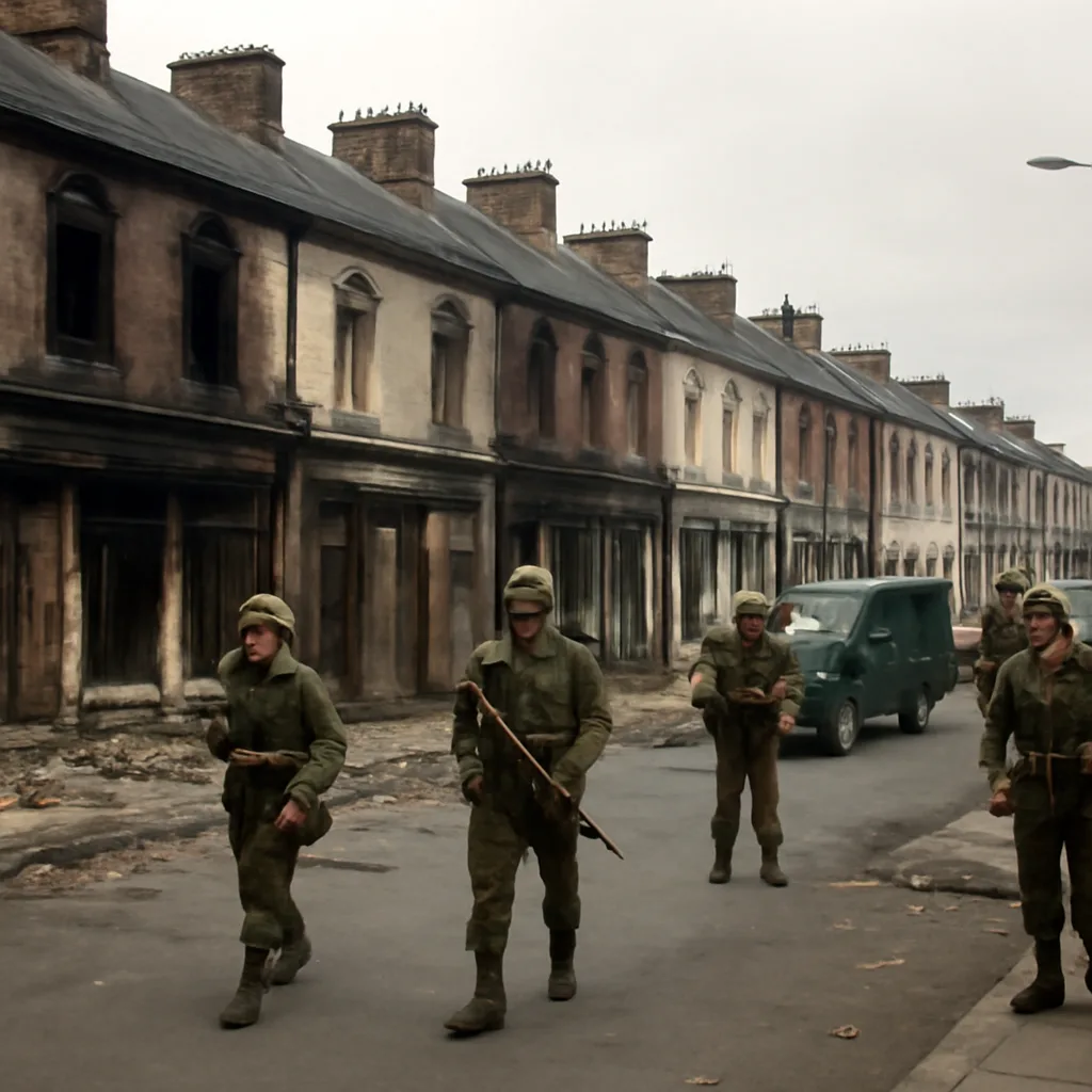 British Army soldiers patrolling a Belfast street in summer 1969, with damaged buildings and cordoned areas reflecting recent rioting; civilian bystanders at a distance.